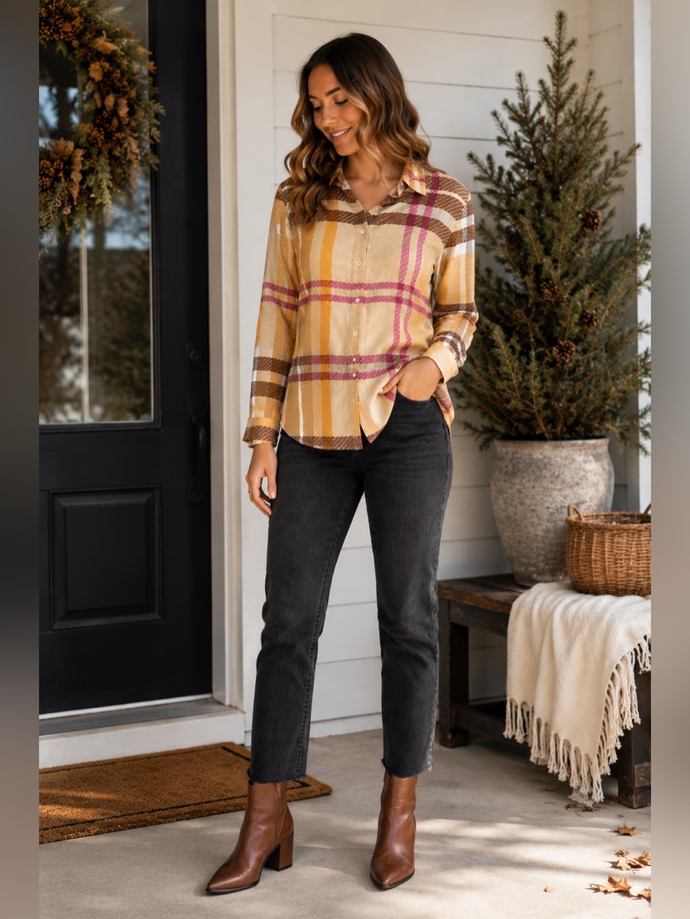BEANPOLE Plaid Button-Down Shirt in Pink, Yellow, and Brown
